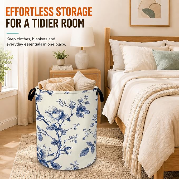 Vintage Blue Flowers Laundry Basket,Botanical Floral Foldable Oxford Laundry Hamper with Handles,Portable Clothes Tote Bag Clothes Storage Bucket Organizer For Bathroom/Laundry Storage/Bedroom