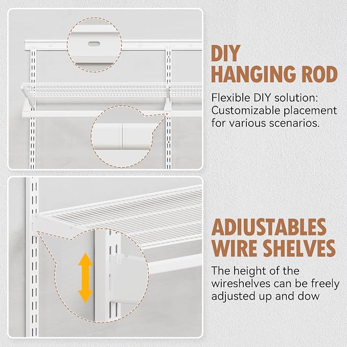 Closet System Wall Mounted 2-4 Ft, Heavy Duty Adjustable Wire Shelving with Hanging Rod, Custom Organizer Kit for Bedroom Laundry Mudroom, White