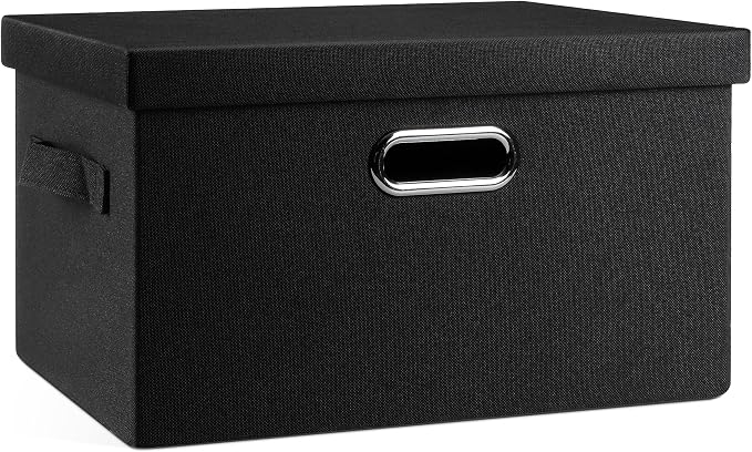 Graciadeco Medium 15" 21 Quart Collapsible Stackable Storage Bins with Lids, 1 Pack Black Foldable Fabric Closet Storage Boxes with Lids, 4 Handles Heavy-duty Linen Cube Baskets for Bedroom
