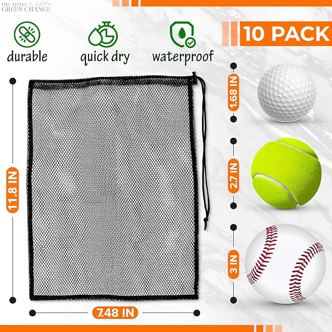 Small Mesh Bags Drawstring, 11.8"x7.48", 10 Pack, Nylon (Black), Reusable | Small Net Bag; Lightweight, Breathable; for Travel, Gym, Swimwear, Laundry, Sports, Beach Gear, Camping & Daily Organization
