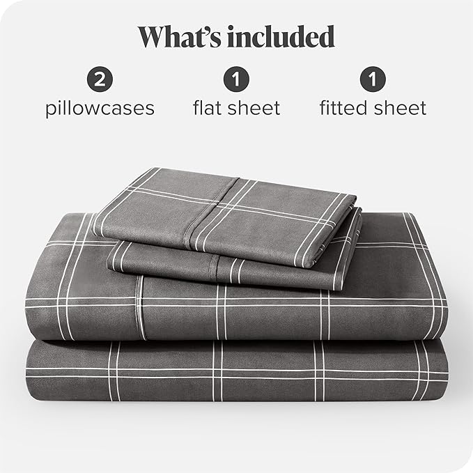 Bare Home King Sheet Set - Luxury 1800 Ultra- Soft Double Brushed Microfiber - Deep Pockets - Easy Fit - 4 Piece Bedding Sheet Set (King, Modern Plaid - Grey/White)