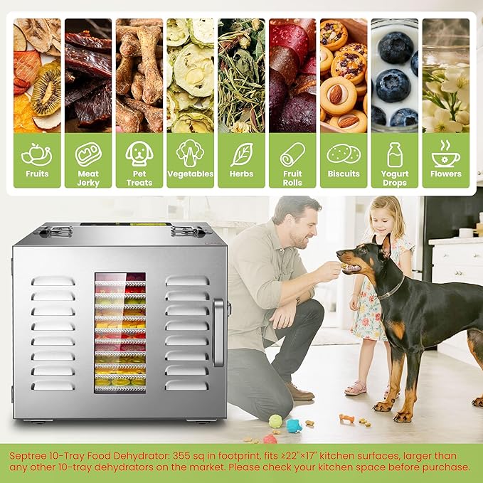 Commercial 10 Trays Food Dehydrator Machine for Jerky and Herbs Usable Area up to 24.65ft² and 194℉ Temperature 1000W Detachable Stainless Steel Dryer for Meat Fruit Mushrooms Beef Food Silvery