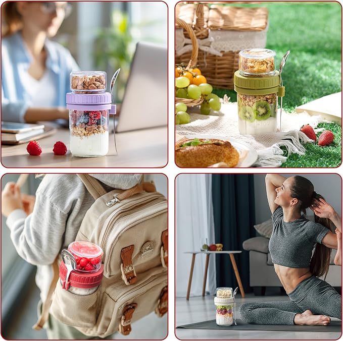 Danmu 4 Pack Overnight Oats Containers with Lids 21 oz (16+5),Dual-Layer Yogurt Parfait Cups with Lids,Meal Prep Containers Glass for Snack,Overnight Oats,Yogurt,Parfait,Salad Dishwasher Safe | 4pcs,Dry&Wet Separation,Wide Opening,Leakproof,Parfait Con...