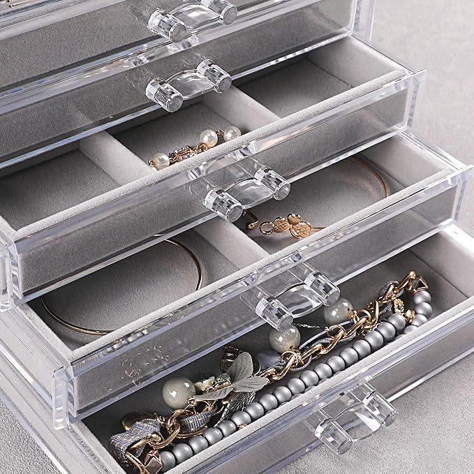 Frebeauty Extra Large Acrylic Jewelry Box for Women 5 Layers Clear Jewelry Organizer Velvet Earring Box with 5 Drawers Rings Display Case Necklaces Holder Tray for Women Girls (Grey) | Jewelry Storage for Rings Earrings Bracelets,Dustproof,Velvet Linin...