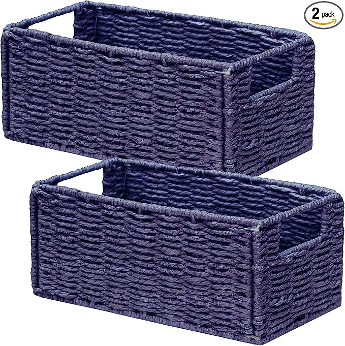Vagusicc Wicker Storage Basket, Set of 2 Hand-Woven Paper Rope Wicker Basket, Small Storage Baskets for Organizing Toilet Paper, Foldable Small Cube Organizer Bins for Shelves (Purple)