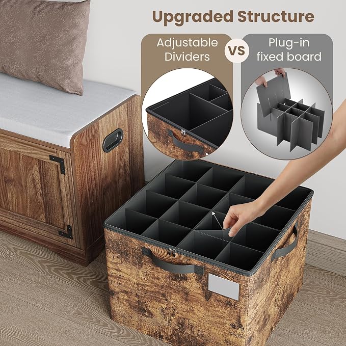 Varhomax Shoe Organizer Box for Closet, Fabric Shoe Storage Bin with Adjustable Dividers & Clear Cover, Holds up 16-32 Pairs of Sneakers & Sandals for Entryway, Cubby (Rust Brown)