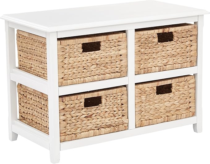 OSP Home Furnishings Seabrook Storage Tower with Solid Wood Frame and Natural Baskets, 2-Tier, 4-Drawer, White Finish