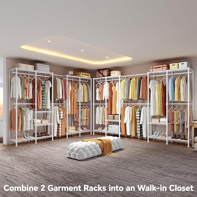 Higeego H5 Pro Heavy Duty Clothes Rack Wardrobe Closet for Hanging Clothes, Freestanding Garment Rack with Expandable Hanger Rods, Closet Organizer and Storage, (97.7-115.4")L x 15.7"W x 75.4"H, White