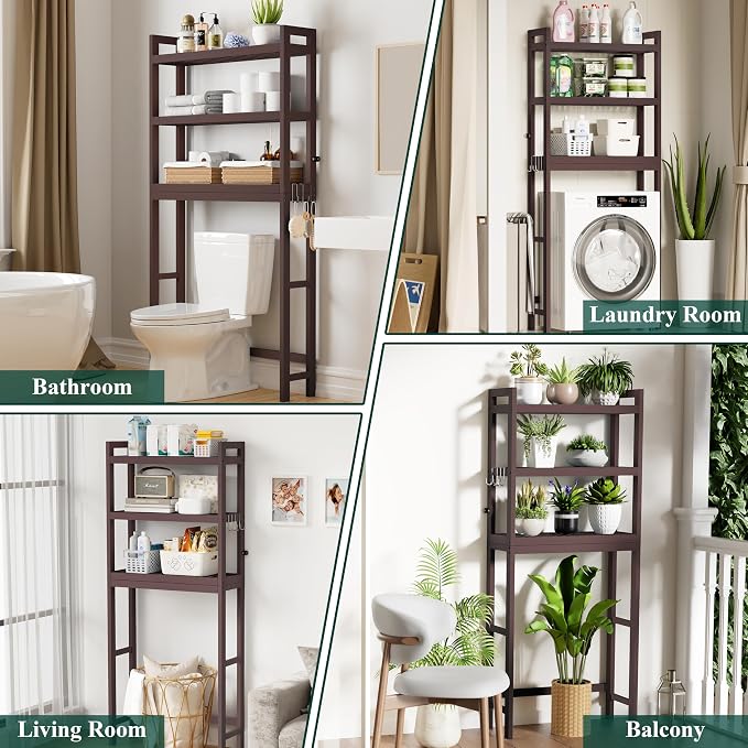 Smiry Over The Toilet Storage Cabinet, 3-Tier Bamboo Bathroom Organizers with Adjustable Shelf & 4 Hooks, Space Saving Shelf Rack for Bathrooms, Laundry Room, Balcony, Brown