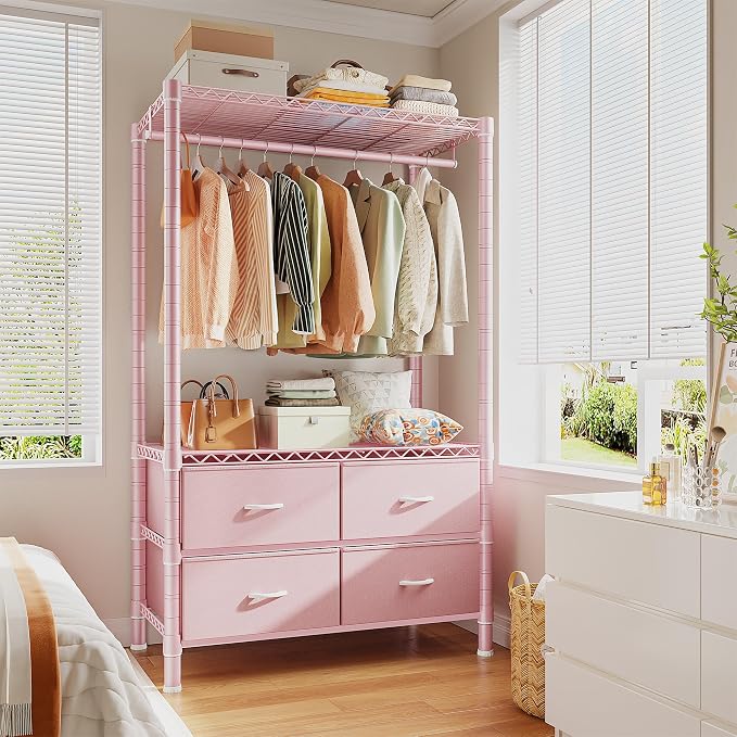 Raybee Clothes Rack with Drawers, 35" W Pink Clothing Rack Load 450LBS for Bedroom Apartment Dorm, Heavy Duty Metal Portable Closet with Adjustable Shelves, Multi-Function, Easy Assembly
