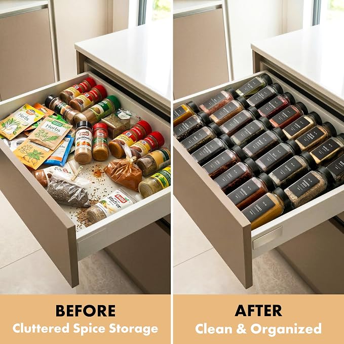 EDELHAUS Glass Spice Jars with Label, Seasoning Set, 36x Black Steel Lids | Airtight Lids keep spices fresh, Kitchen Spice Drawer Organizer, 4oz Seasoning Containers incl. Funnel, Brush & 240 Labels