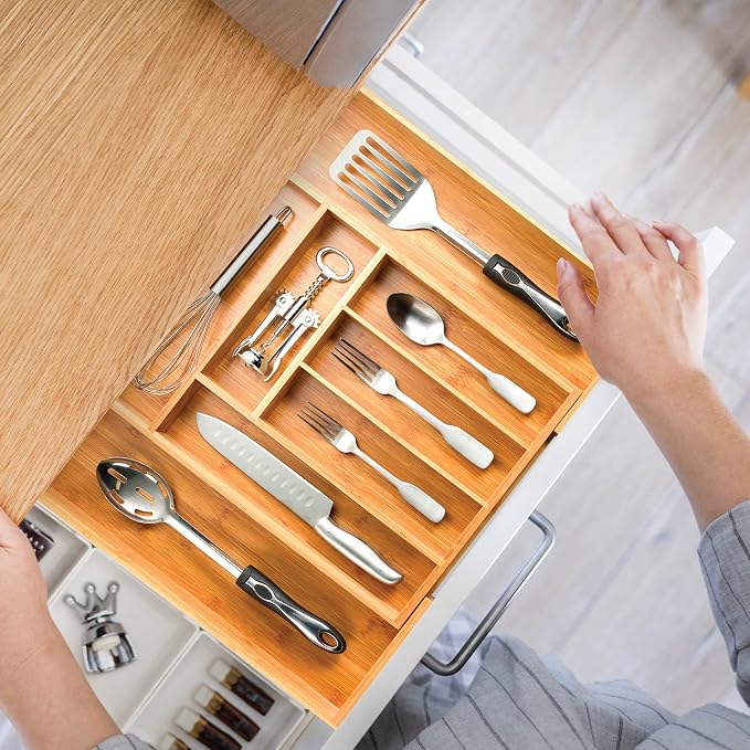Bamboo Drawer Organizer - 8 Compartment Expandable Silverware Organizer and Utensil Holder, 17 Inch Long, 13 to 22 Inch Wide, 2 Inch Deep Kitchen Cutlery Tray Insert for Flatware Knives Large Utensils