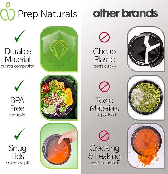 PrepNaturals Reusable Plastic Containers with Lids, 60 Pack, Black, Meal Prep Bowls, Lunch Containers, BPA, PVC and Phthalate Free, Microwave and Freezer Safe | Reusable BPA-Free Meal Prep Containers - Leak-Proof Lids, Microwave & Freezer Safe for Port...
