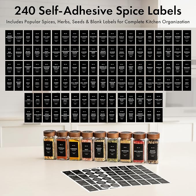 EDELHAUS Glass Spice Jars with Label, 36x Acacia Wooden Lids - Black Labels | Airtight Lids keep spices fresh, Kitchen Spice Drawer Organizer, 4oz Seasoning Containers incl. Funnel, Brush & 240 Labels