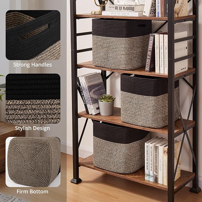 OIAHOMY 13 Inch Cube Storage Bins, 3-Pack Cotton Rope Woven Baskets for Organizing, Insert Storage Baskets for Shelves, Baby Nursery, Closet Organizer, 13 * 13 * 12.6IN, Black & Mixed Brown
