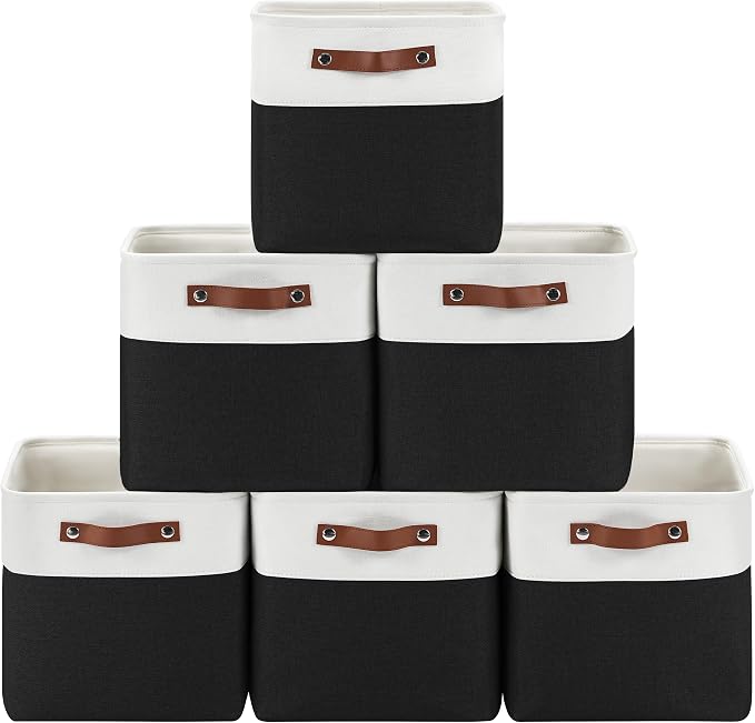 Patvingot Fabric Storage Cubes 11", 6 Pack, with PU Pull Handles,Foldable | For accessories on cube shelves or in closets; reinforced opening, pull-out access, folds flat when empty,white and black