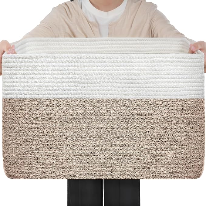Optish 75L Large Blanket Basket, Woven Storage Baskets with Reinforced Handles, Rope Laundry Basket for Living Room, Bedroom, Nursery, Toys, Clothes,Pillows, 22” x 17” x 11.5”, White & Brown