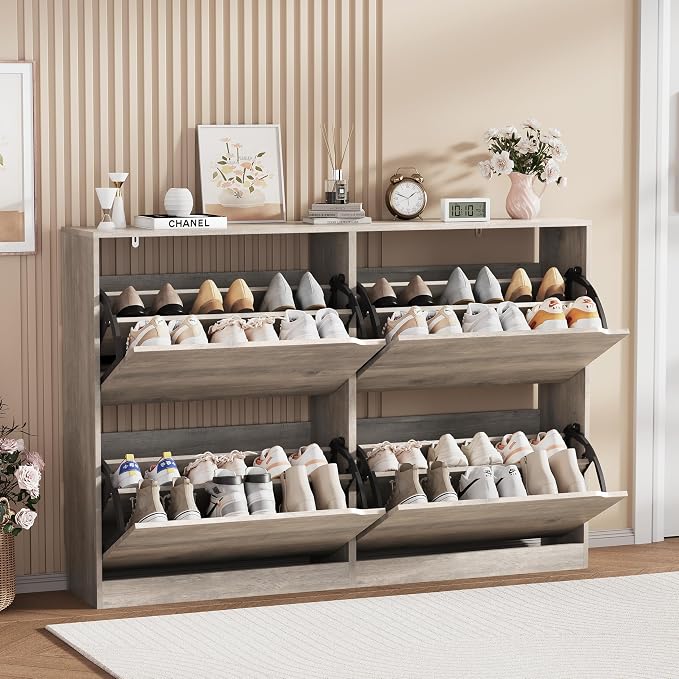 Shoe Storage Cabinet, Wood Shoe Organizer for Entryway with 3 Flip Drawers, Freestanding Shoe Rack with Adjustable Shelf, Narrow Shoe Dresser for Front Door Entrance (Grey, 4 Drawers)