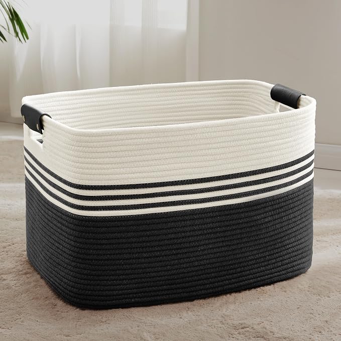 86L Large Woven Laundry Basket Hamper with Leather Handles,Black | 24"x16"x14", collapsible wicker hamper, storage for dirty clothes, toys, blankets, gifts, living room, bedroom, bathroom