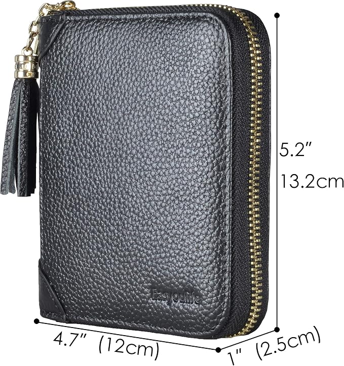 Easyoulife Womens Credit Card Holder Wallet Zip Leather Card Case RFID Blocking (Black)