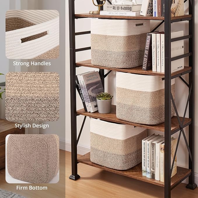 OIAHOMY 13 Inch Cube Storage Bins, 3-Pack Cotton Rope Woven Baskets for Organizing, Insert Storage Baskets for Shelves, Baby Nursery, Closet Organizer, 13 * 13 * 12.6IN, Gradient Brown