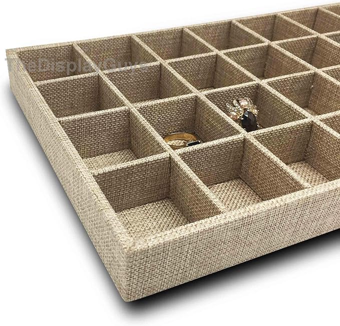 The Display Guys - Stackable Jewelry Tray and Organizer - for Drawers, Dressers, Store Display (32 Compartments, Beige Burlap)