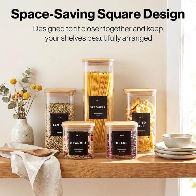 Glass Pantry Storage Jars Containers with Bamboo Lids and Labels - Set of 5 | Extra Thick Square Glass Canisters with Bamboo Wood Lids and 54 Pre-printed Pantry Labels keeps dry Goods Fresh and Organized