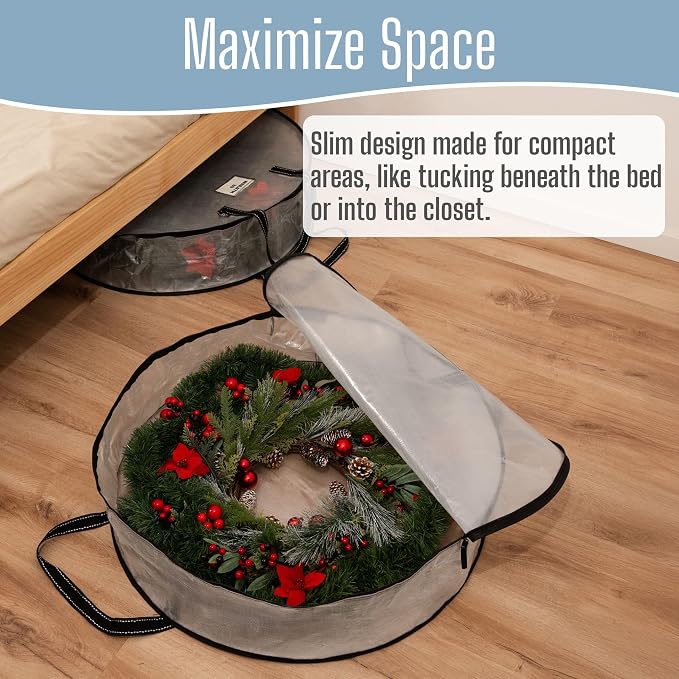VENO 2 Pack Summer Wreath Storage Container, 30 Inch Clear Wreath Bag, Spring, Christmas Garland Decoration Organizers with Zipper and Durable Handles (Clear, 30"-2 Pack)