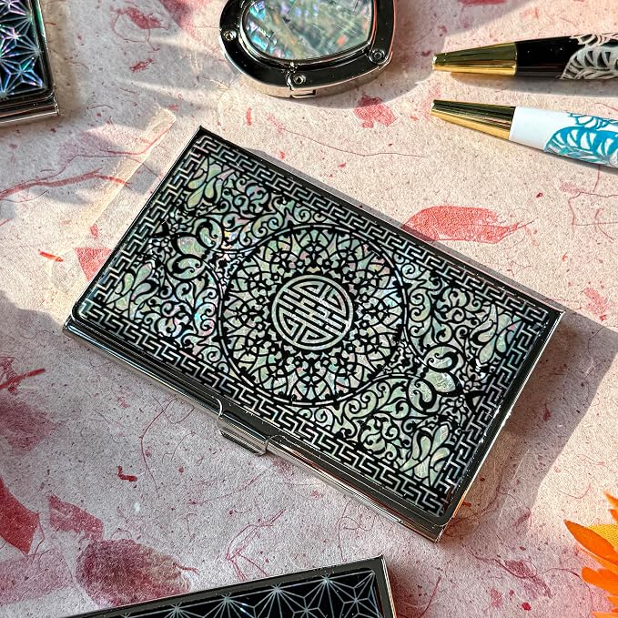 Mother of Pearl Business Card Case Credit Id Name Holder Travel Wallet Art Painting Design Metal Stainless Steel Engraved Slim Purse Pocket Cash Money Wallet (N-Pattern)