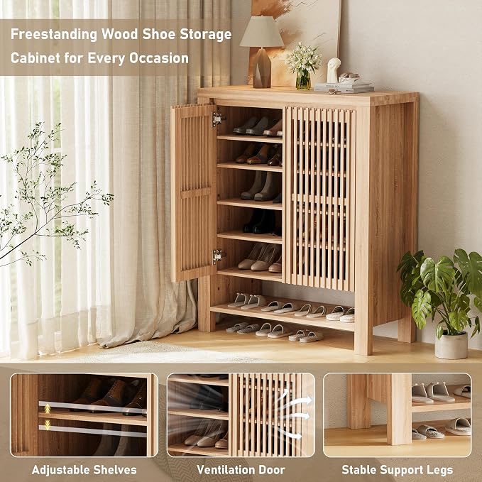 INNOD 43" Tall Shoe Storage Cabinet with Doors, 8-Tier Entryway Shoe Cabinet with Adjustable Shelves, Modern Freestanding Shoes Rack Organizer Cabinet for Entryway Hallway Front Door
