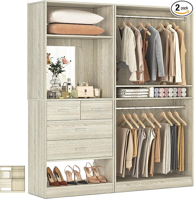 Unikito 61" Closet System, Heavy Duty Wood Closet Organizer with 2 Hanging Rods, Walk-in Wardrobe Garment Rack with Adjustable Shelves, Free-standing Clothing Rack, White Oak