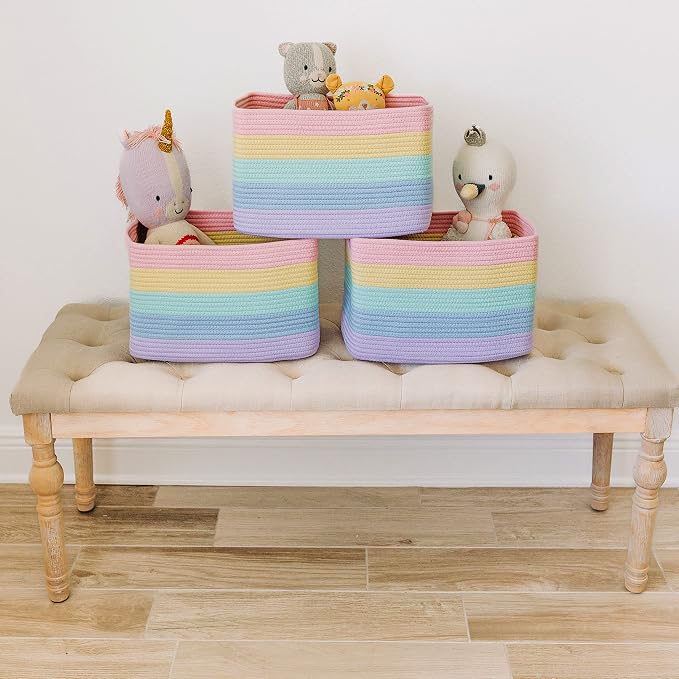 OrganiHaus Pastel Rainbow Cotton Rope Baskets for Shelves, Set of 3 - 15"×10"×9½" - Colorful Storage Baskets for Kids - Nursery, Playroom, Classroom - Toy Storage, Books, Towels