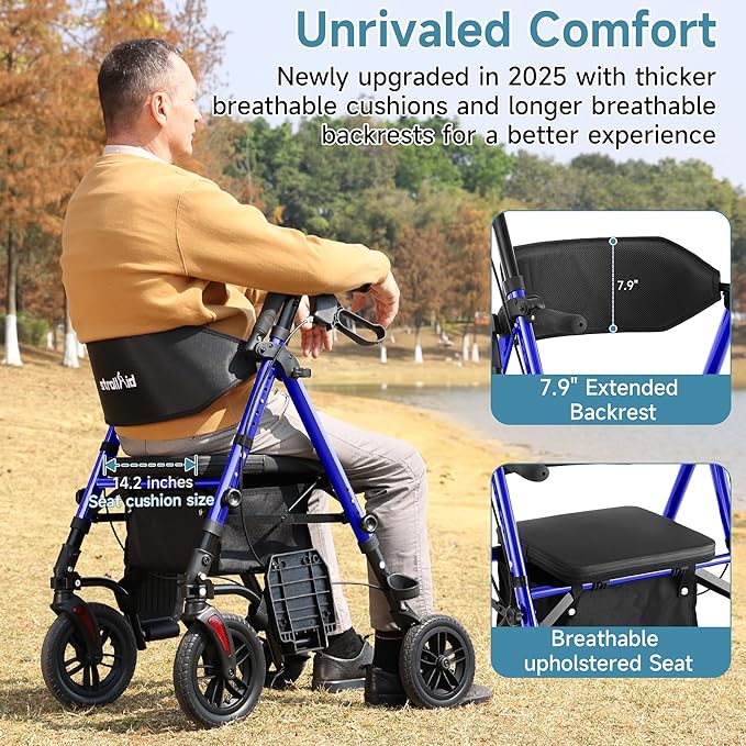 Walkers for Seniors, 2 in 1 Rollator Wheelchairs Combo 10" Big Wheels Walker with Seat, Rollator Transport Chair with Brakes Folding Rolling Walker for Adults, Blue