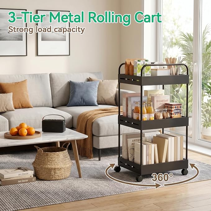 3 Tier Expandable Rolling Storage Cart, Rolling Utility Cart with Wheels | expandable adjustable width, sturdy metal frame, silent 360° wheels, storage for bathroom, kitchen, laundry & living room