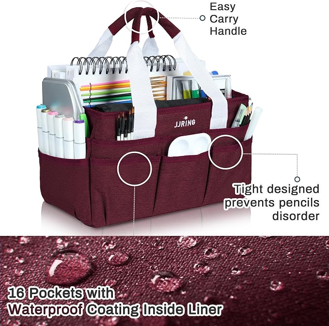 JJRING Craft Organizer Tote Bag, Art Storage Caddy with Multiple Pockets, Dark Red Sewing Bag for Art, Craft, Scrapbooking, School, Medical, and Office