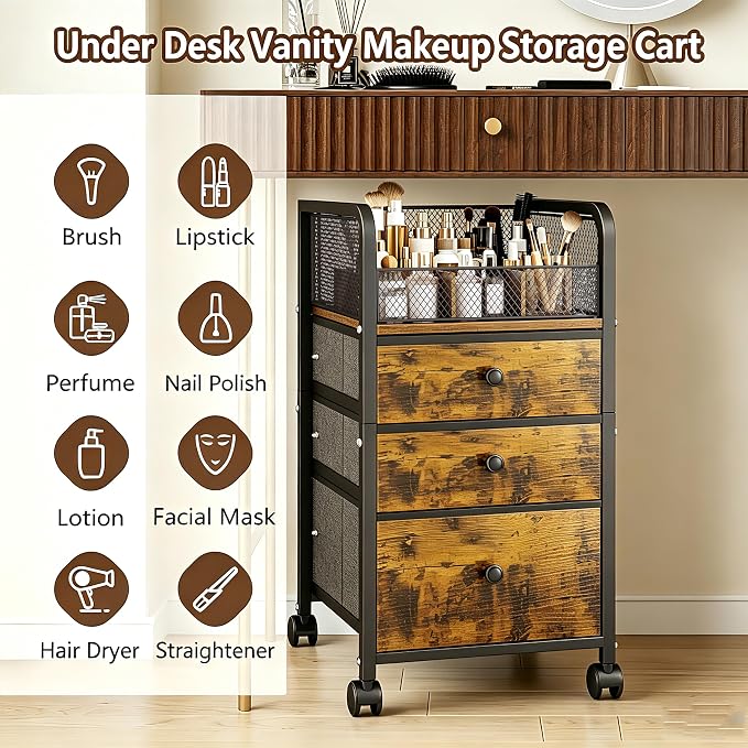 Rolling Makeup Vanity Cart, Makeup Organizer with Drawers, Rolling Makeup Bathroom Storage Cart, Cosmetic Vanity Display Cases Holder for Nail Polish Brush Hair Tool (Black)