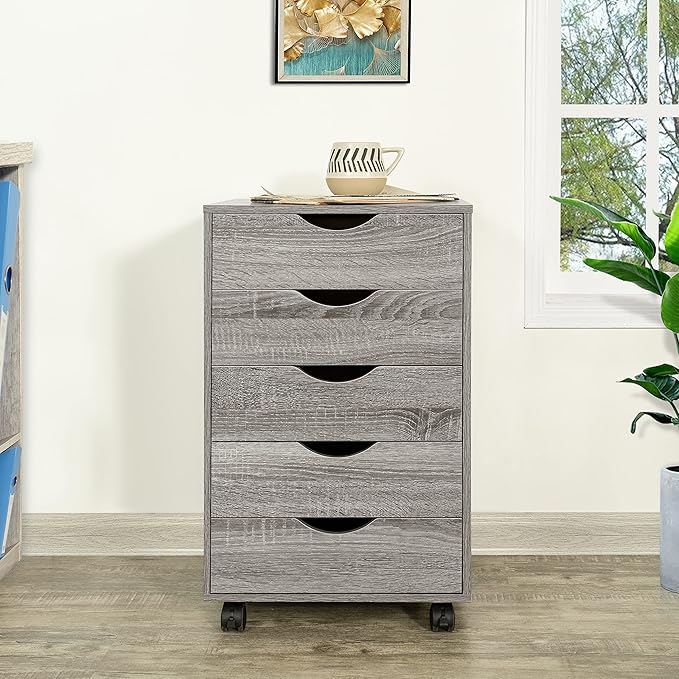 Naomi Home 5-Drawer Rolling Chest, Grey, Smart Storage with Metal Slide Glides & Smooth Wheels, Compact Space-Saver, Easy Assembly, Durable Engineered Wood