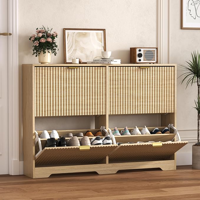 HUANLEGO Shoe Cabinet Storage for Entryway with 4 Flip Drawers, Oak Fluted Shoe Cabinet with Adjustable Shelves, Wooden Hidden Shoes Rack Freestanding Narrow Slim Shoes Storage for Hallway, Entrance