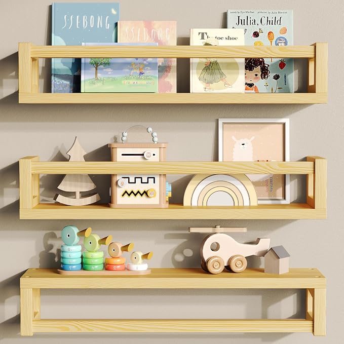 TidyCorner Upgraded Thick Floating Shelves, Solid Wood Bookshelf for Wall, Floating Book Shelves Use as Wall Shelves for Bedroom, Living Room, Kitchen, Books, Spice Rack & Decor - NaturalWood