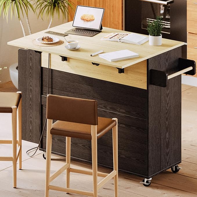 IRONCK Kitchen Island with Storage, Charging Station and Drop Leaf, Black | Wheels, Drawers, Open Shelves, Drawer Storage, Everyday Home Use