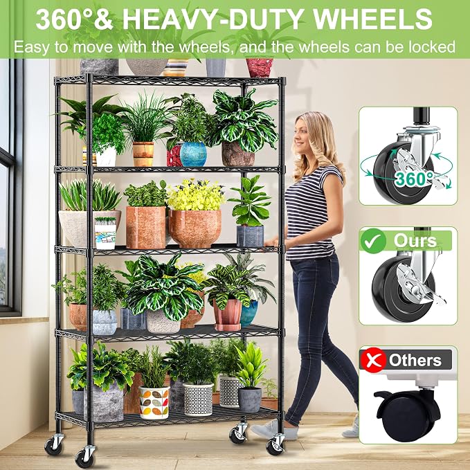 6 Tier Wire Metal Shelving Rack Garage Storage Rolling Shelves with Wheels | Heavy Duty Adjustable Industrial Shelves Unit Utility Sturdy Shelving for Kitchen Garage Pantry Bathroom Laundry