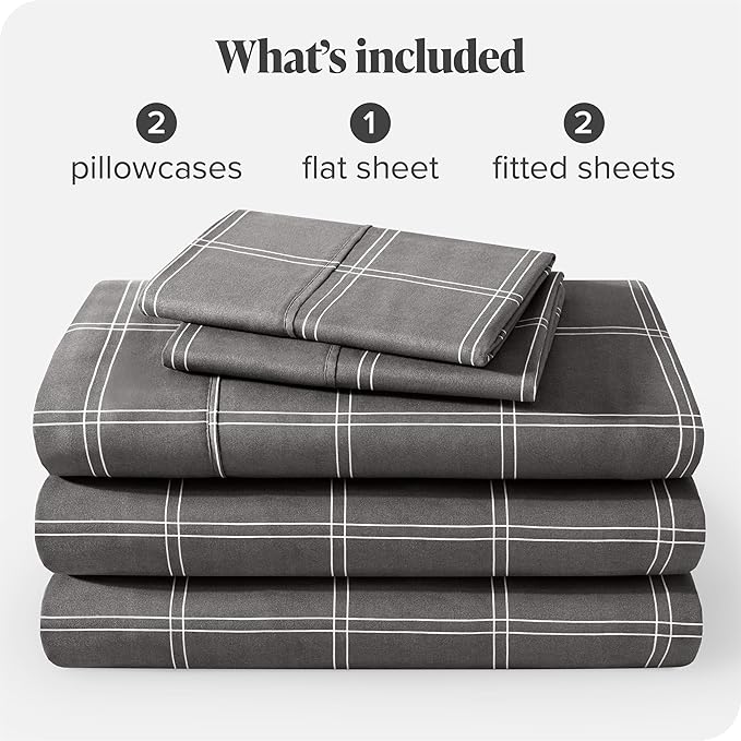 Bare Home Split King Sheet Set - 1800 Ultra-Soft Microfiber Bed Sheets - Double Brushed - Deep Pockets - Easy Fit - 5 Piece Set - Bed Sheets (Split King, Modern Plaid - Grey/White)