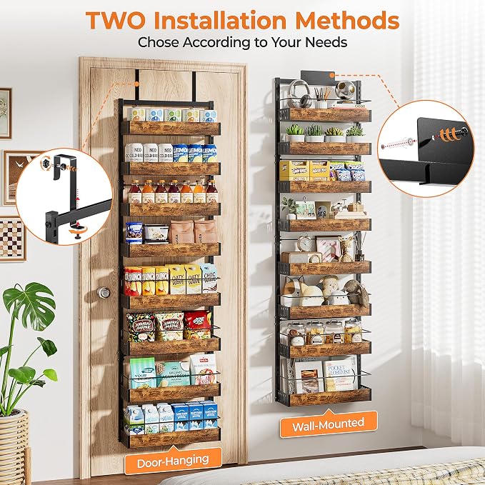 8-Tier Black Metal Back of Door Organizer and Storage for Kitchen Home | Over-Door Pantry Organizer Spice Rack Back of Door Organizer and Storage with Anti-drop Rod & Adjustable Basket