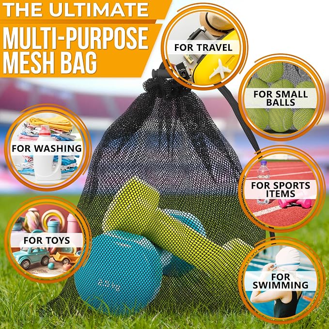 5 Pcs Small Mesh Bag Bulk, 11.8" x 7.48", Breathable Nylon (Black) | Reusable Small Mesh Bags Drawstring for Tennis, Golf, Travel, Beach, Sports Equipment, and Outdoor Activities; Tear-Resistant