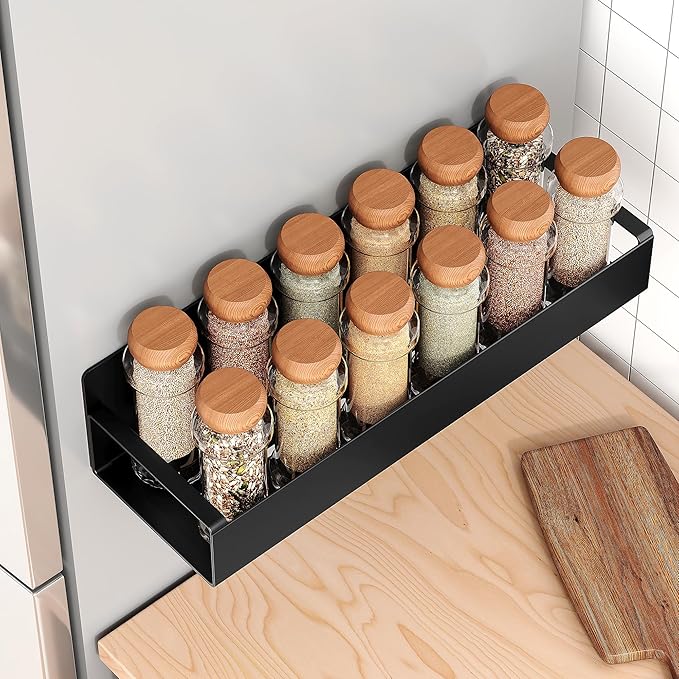 Vetacsion 2 Pack Moveable Fridge Magnetic Spice Racks,Metal Black