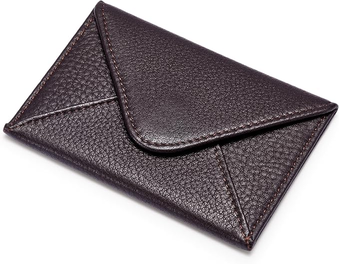 HISCOW Italian Pebbled Leather Business Card Holder, Minimalist Full Grain Envelope Card Case with Hidden Magnetic Closure, 0.19 Inch Slim Front Pocket Wallet for Men and Women, Espresso