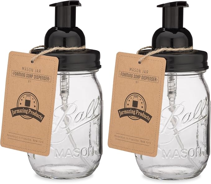 Jarmazing Products Mason Jar Foaming Soap Dispenser - Black - with 16 Ounce Ball Mason Jar - Two Pack!