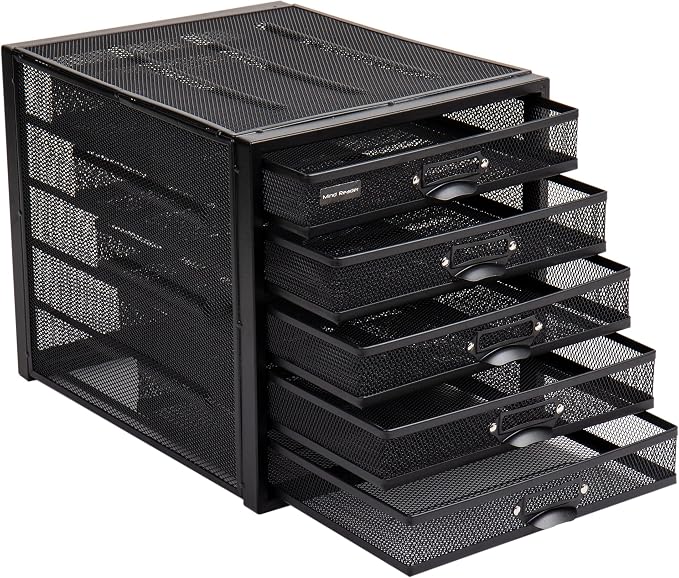 Mind Reader File Storage Drawers, Desk Organizer, Multi-Purpose, Crafts, Office, Metal Mesh, 11"L x 14"W x 11"H, Black, 5 Drawer