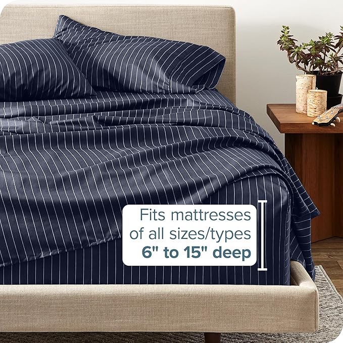 Bare Home Queen Sheet Set - Luxury 1800 Ultra-Soft Microfiber Bed Sheets - Double Brushed - Deep Pockets - Easy Fit - 4 Piece Set - Bed Sheets (Queen, Pinstripe - Midnight/White)