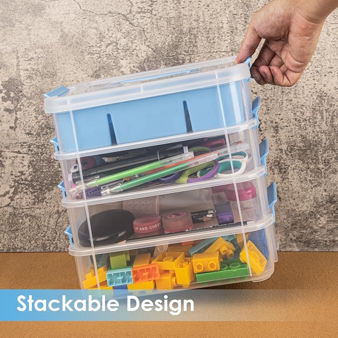 CraftGenes Art Supply Storage Organizer, 4-Tier 10 Qt Box, 2 Trays, Blue | Clear Compartments; Dual Removable Inserts; Carry Handle; Side Latches; Markers, Crayons, Brushes, Beads, Drawing Tools